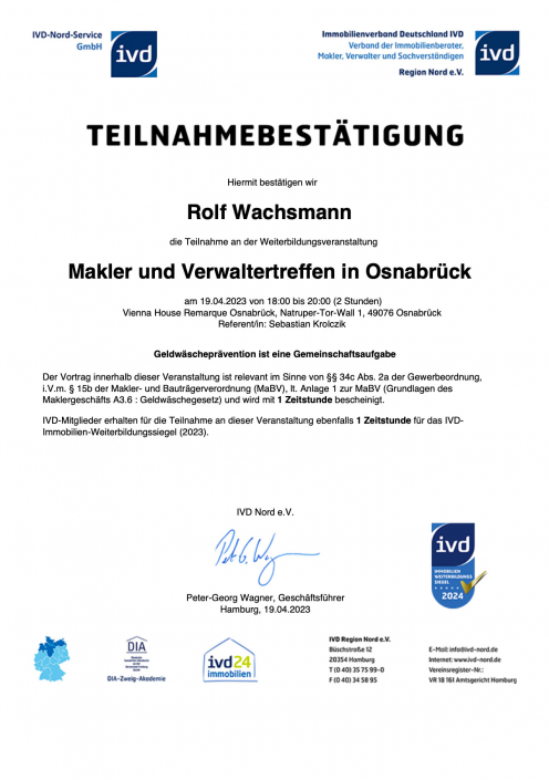 Teilnahmebestätigung Makler und Verwaltertreffen