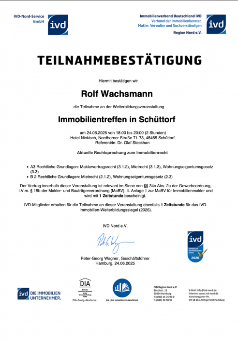 Teilnahmebestätigung Immobilientreffen in Schüttdorf Juni 25