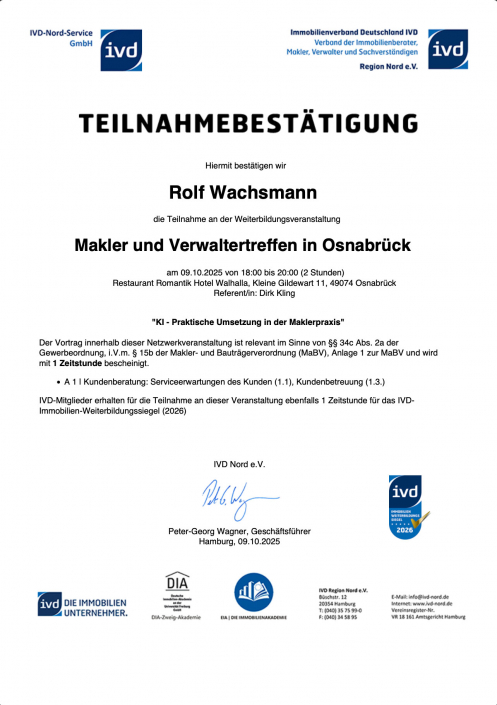 Teilnahmebestätigung Makler und Verwaltertreffen Oktober 25