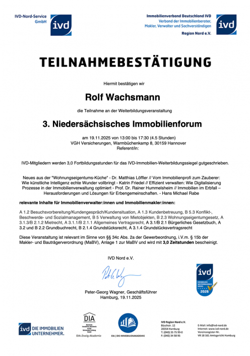 Teilnahmebestätigung Niedersächsisches Immobilienforum November 25